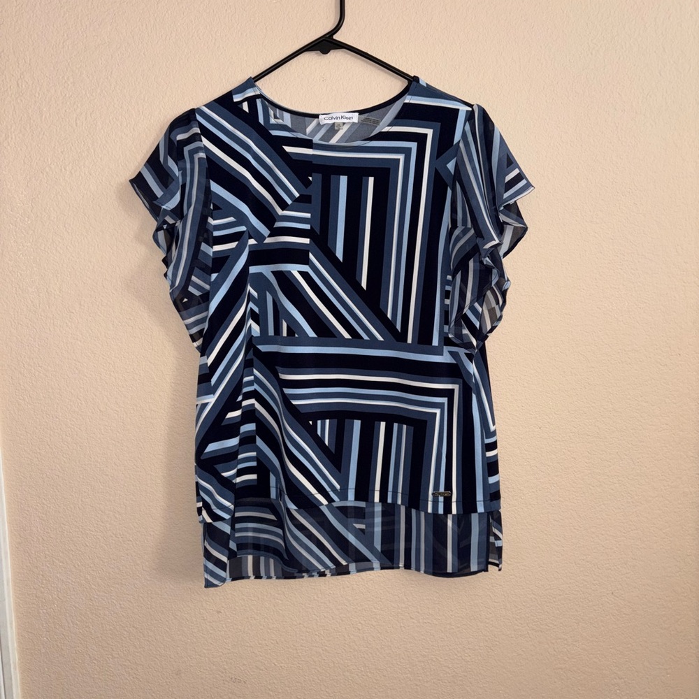 Calvin Klein navy patterned blouse ruffled sleeves formal attire preppy top